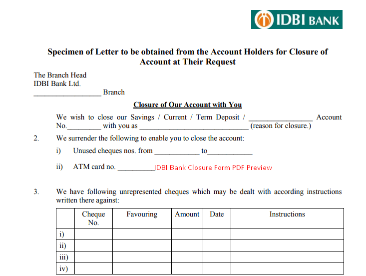IDBi Bank Account Closure Form Pdf