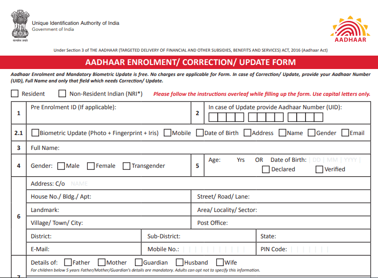 aadhaar card update form