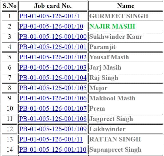 punjab job card list name