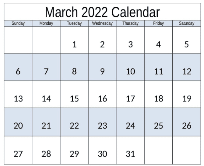 Printable March Calendar 2022 PDF Download