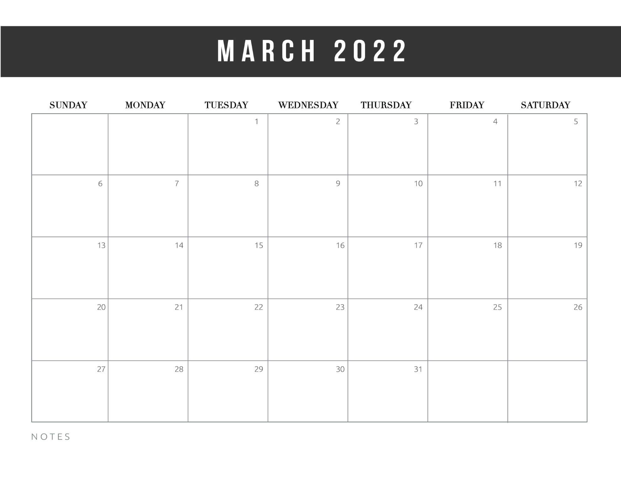 march 2022 calendar word landscape