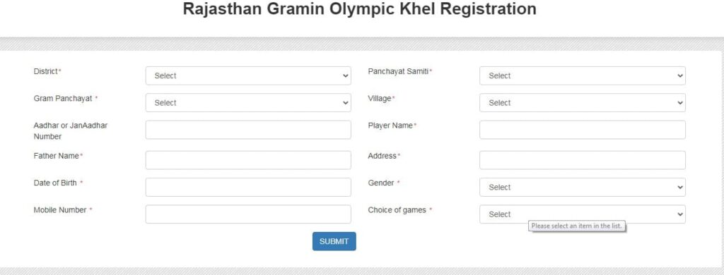 rajasthan gramin olympic Registration