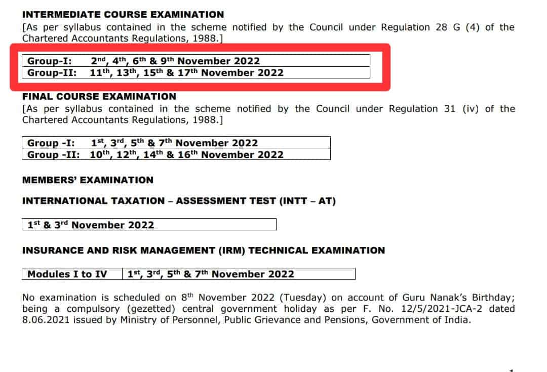 ICAI CA Intermediate Admit Card 2022 () Group I & II Exam Date