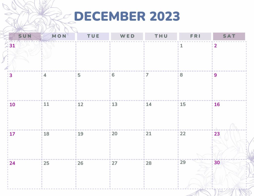 Pretty December 2023 Flowers Calendar