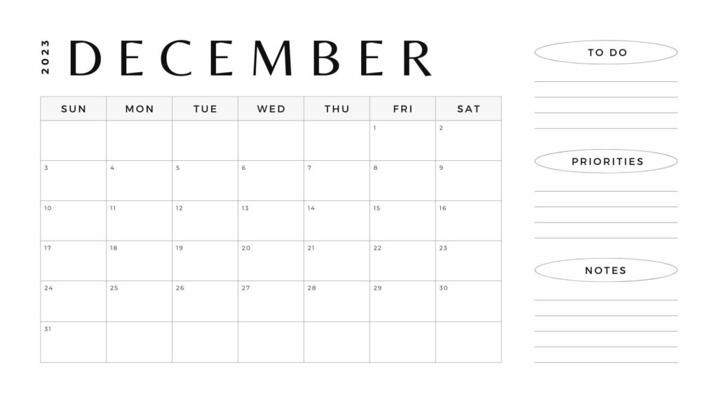 Simple December 2023 Monthly Calendar